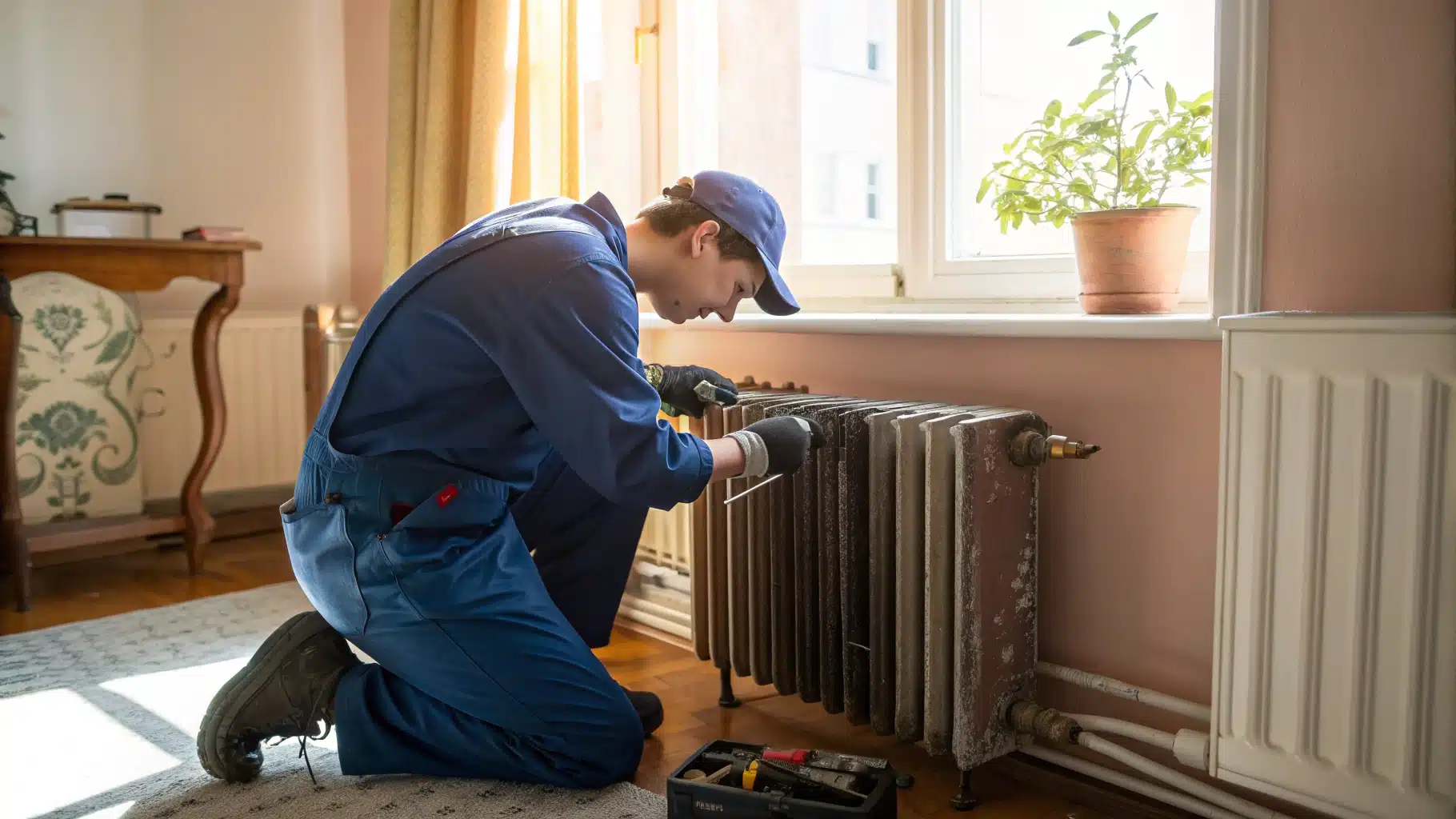 une personne qui réparer un radiateur