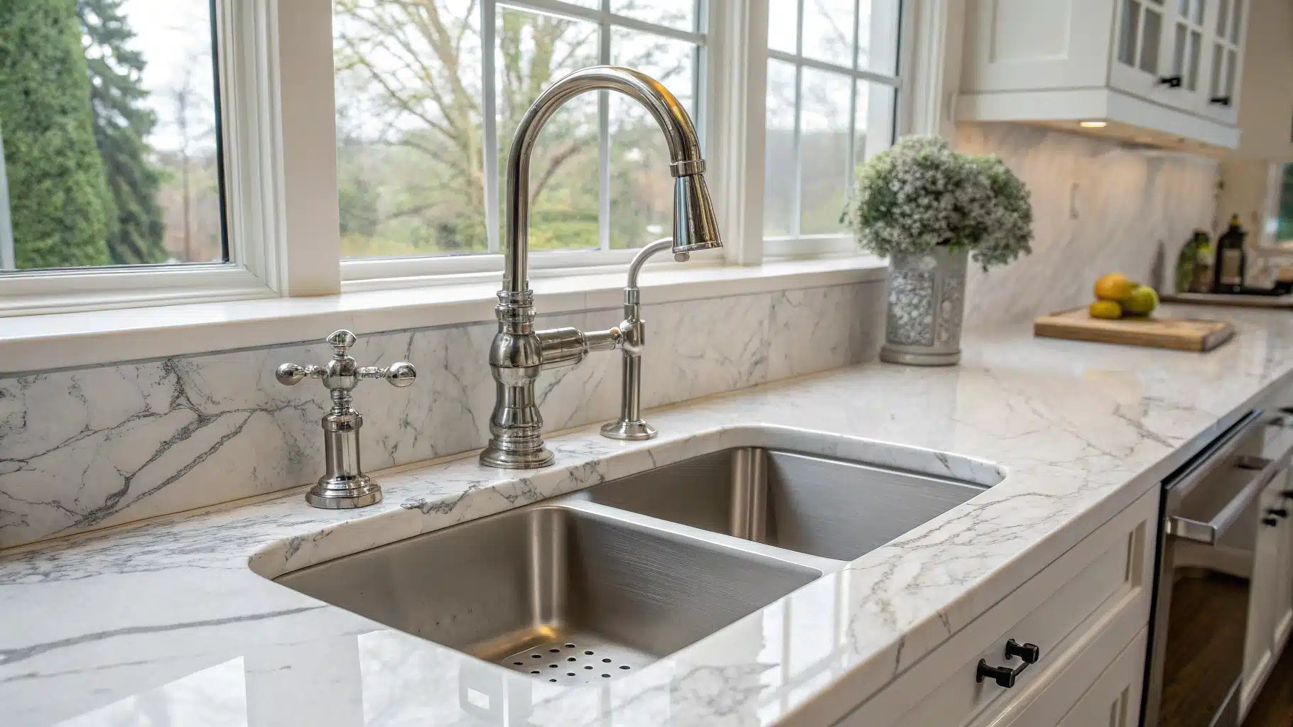 un evier de cuisine avec un beau robinet